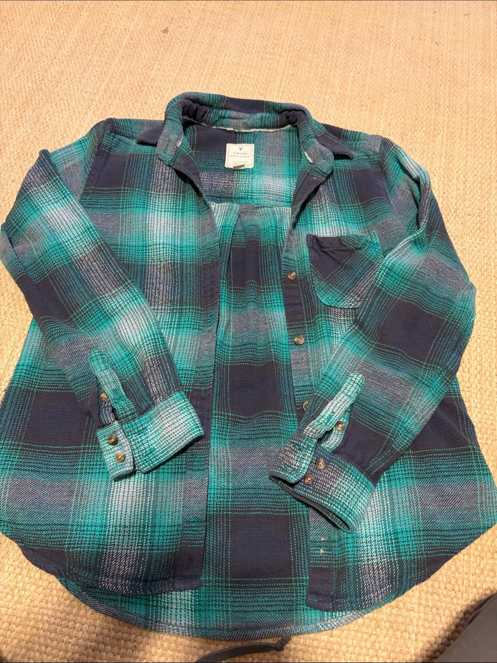 American Eagle Outfitters Teal and Navy Plaid Button-Down